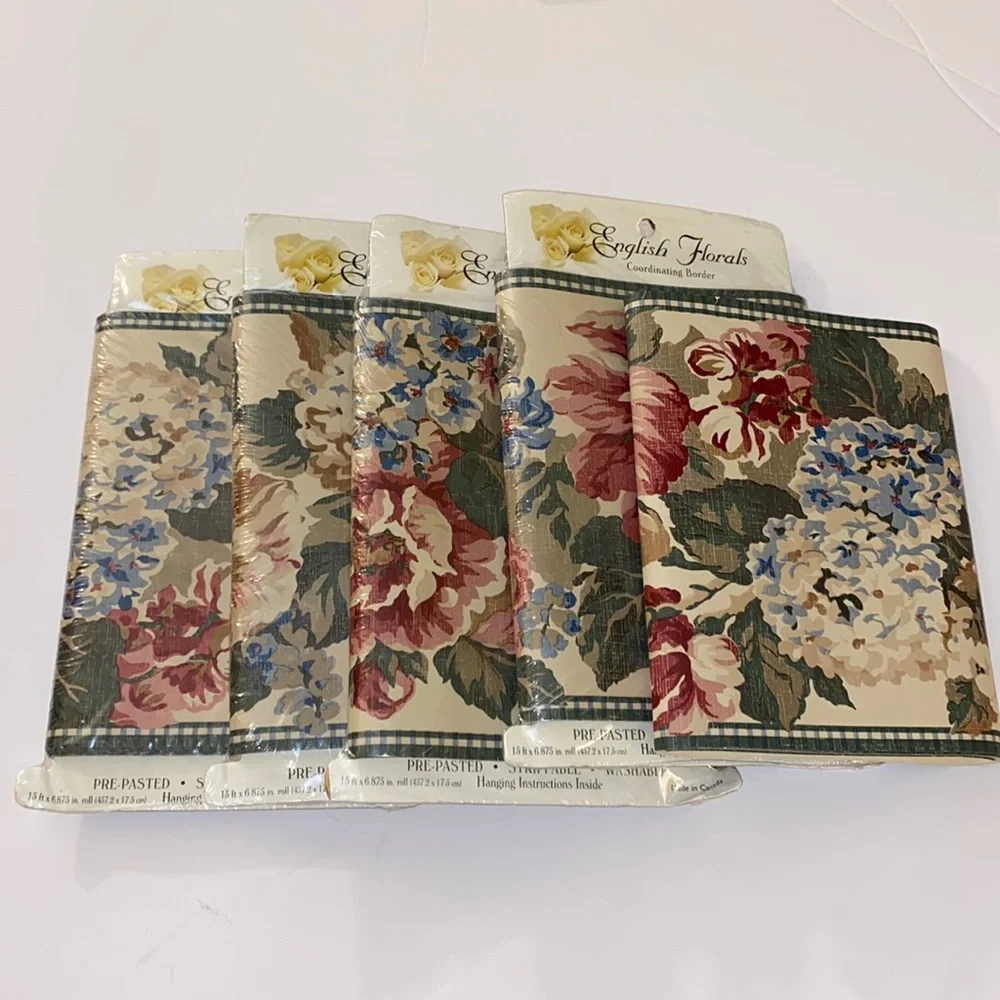 English Florals NWT 5 rolls of vintage tan/rose pre-pasted washable borders